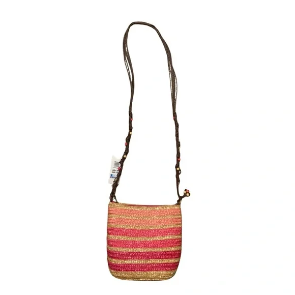 NWT Cruise Club pink/tan striped summer straw crossbody with corded/beaded strap - Picture 10 of 10